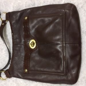 COACH Brown Leather Crossbody Bag Snake Embossed Trim Brass Hardware Certified